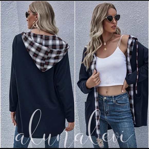 HPπ₯Black Plaid Hoodie Jacket Coat with Pockets - Picture 4 of 6